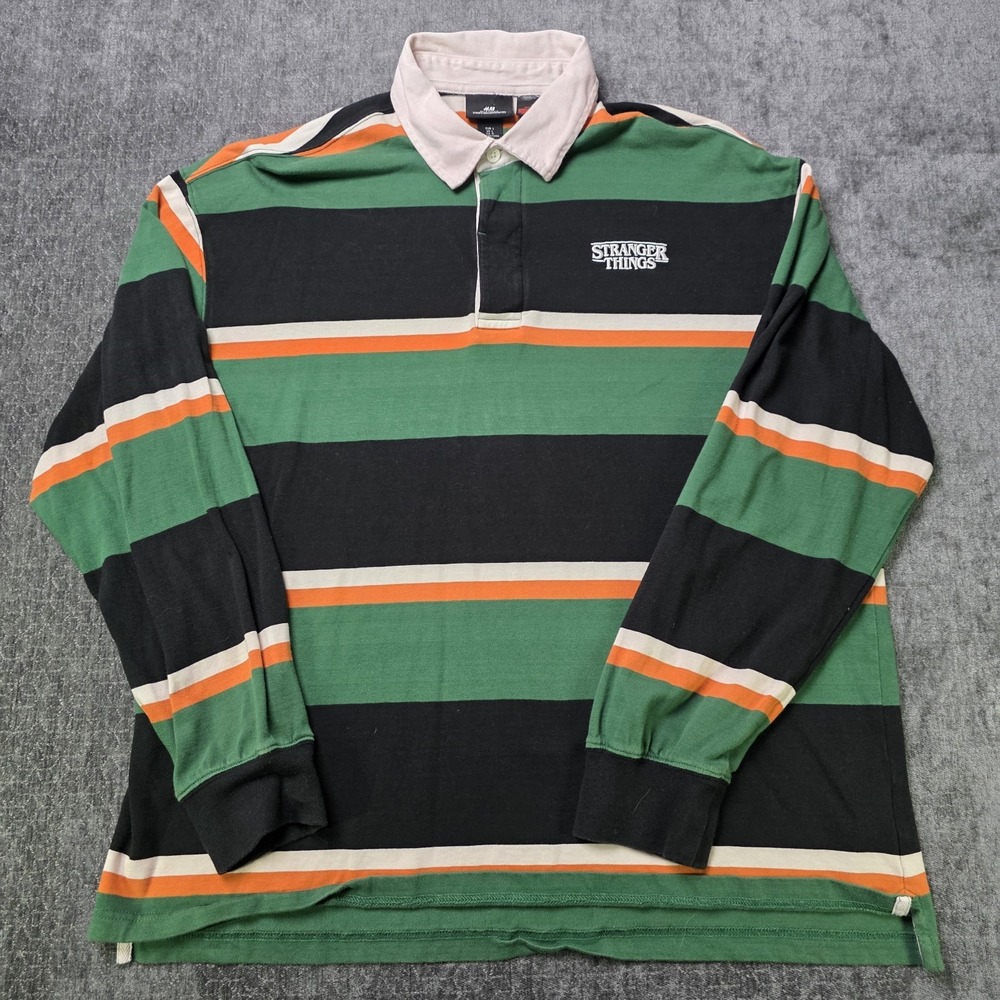 H&M x Stranger Things Rugby Polo Shirt Mens Large Relaxed Fit Green Black Stripe